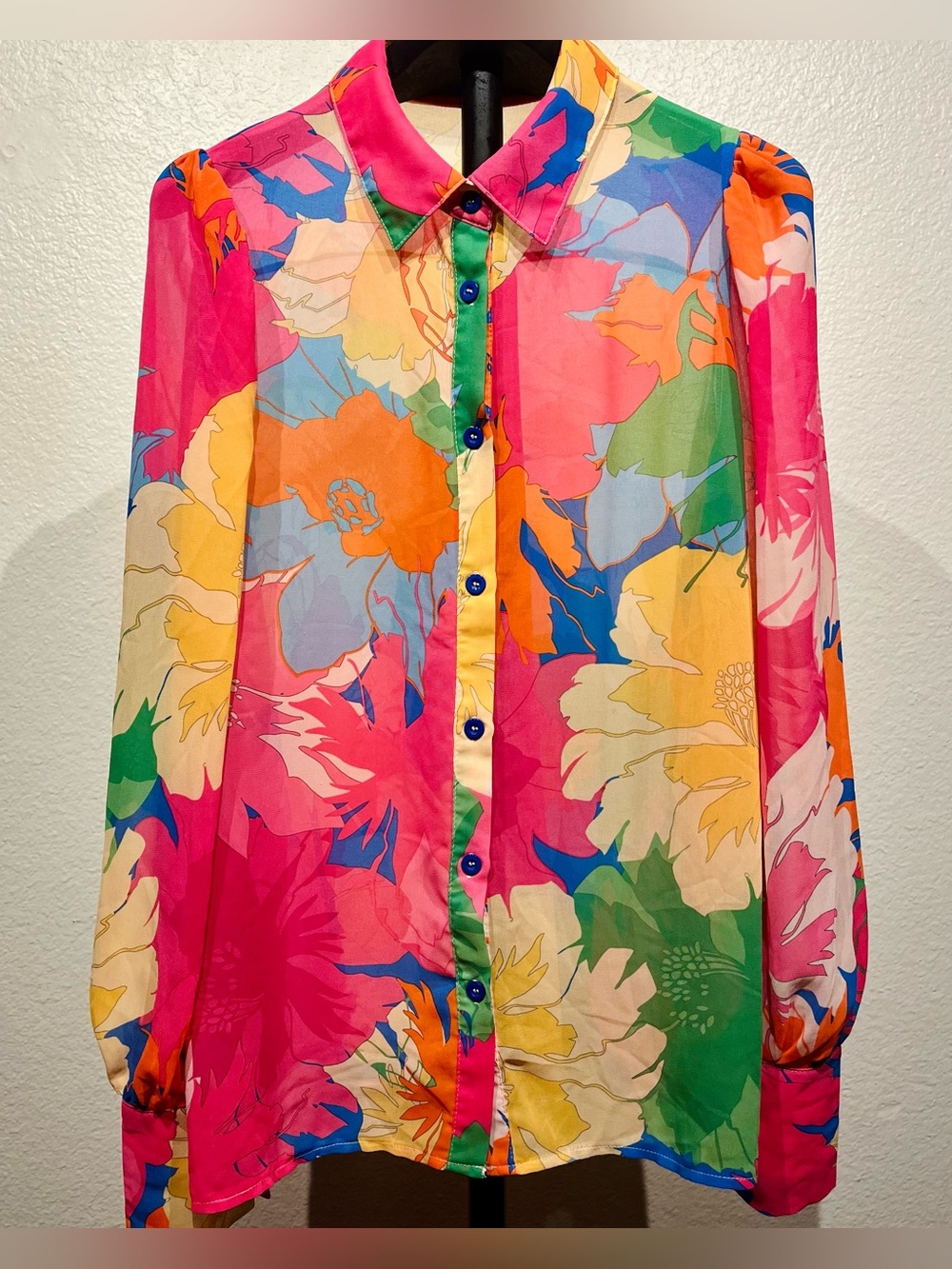 Gomorn Multicolor Floral Sheer Button-Down Blouse - Size M (Women’s)